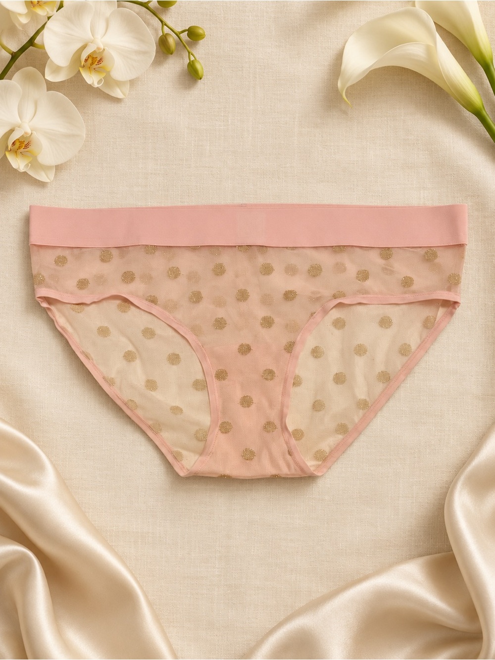 NWT Victoria’s Secret Blush Pink Sheer Gold Polka Dot Bikini Size Small